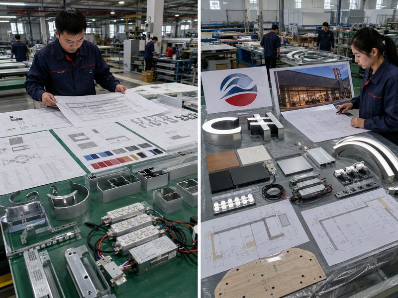 Side-by-side comparison of OEM sign specifications and ODM sign development inside a custom sign factory