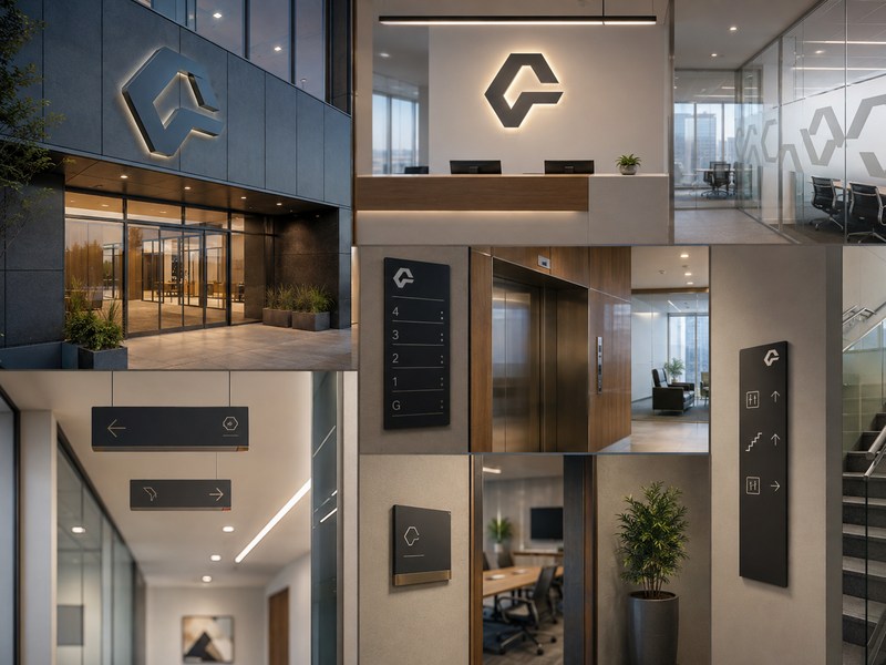 Office signage types for entrances, reception areas, corridors and meeting rooms