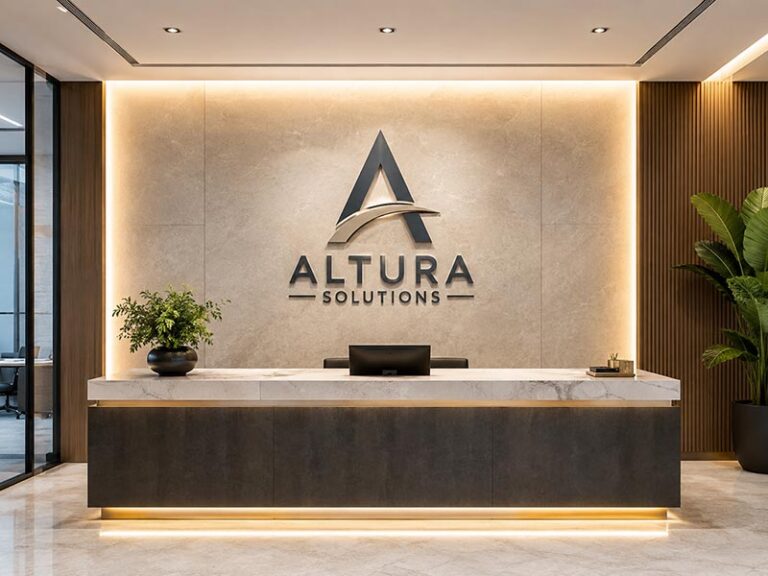 Custom office reception logo sign behind a modern front desk