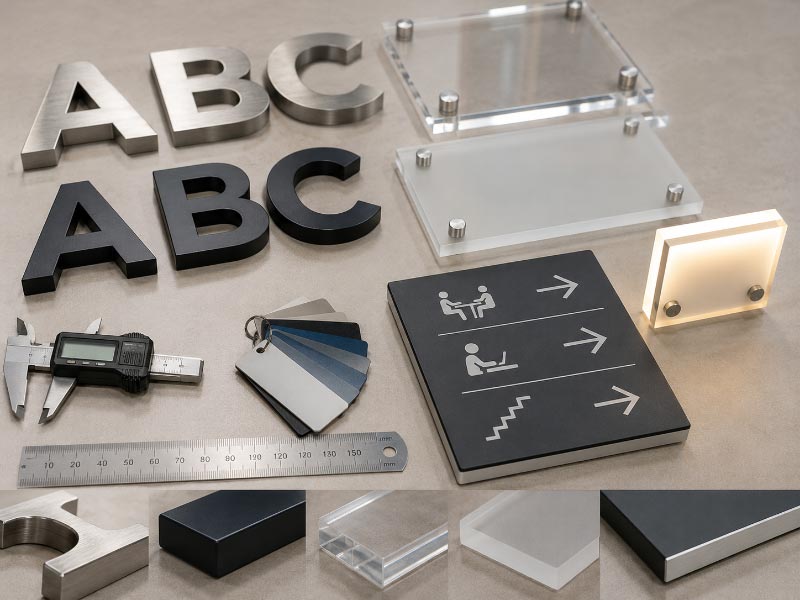 Brushed metal, painted aluminum, acrylic, and illuminated office sign material and finish samples