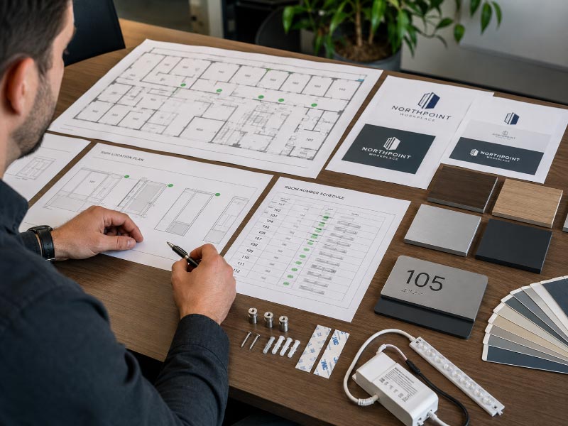 Office sign drawings, material samples, room schedules, and mounting details prepared before ordering