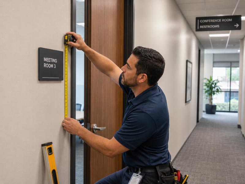 Installer measuring office door sign height and checking directional sign placement in a corridor