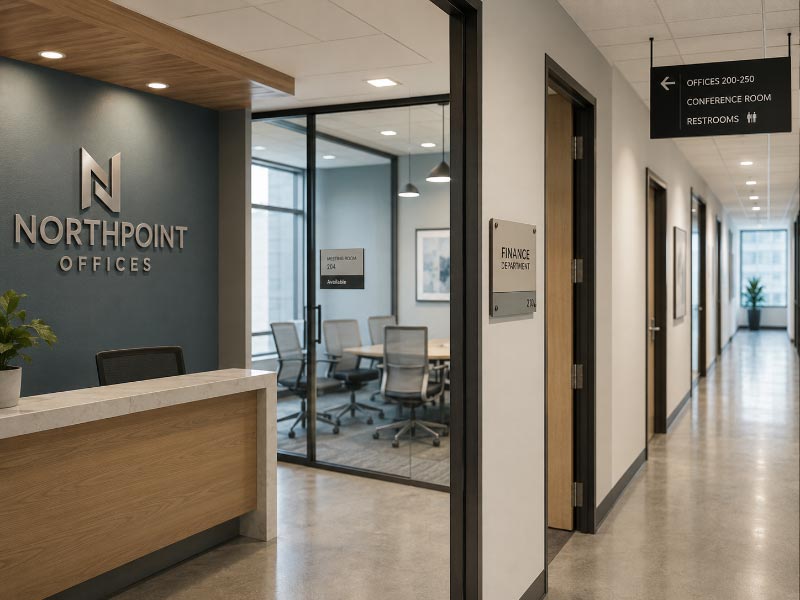 Different office sign types selected for reception areas, meeting rooms, departments, and corridors