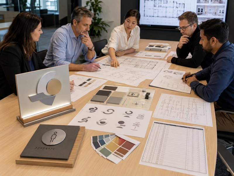 Office signage project planning with floor plans, material samples and mounting details