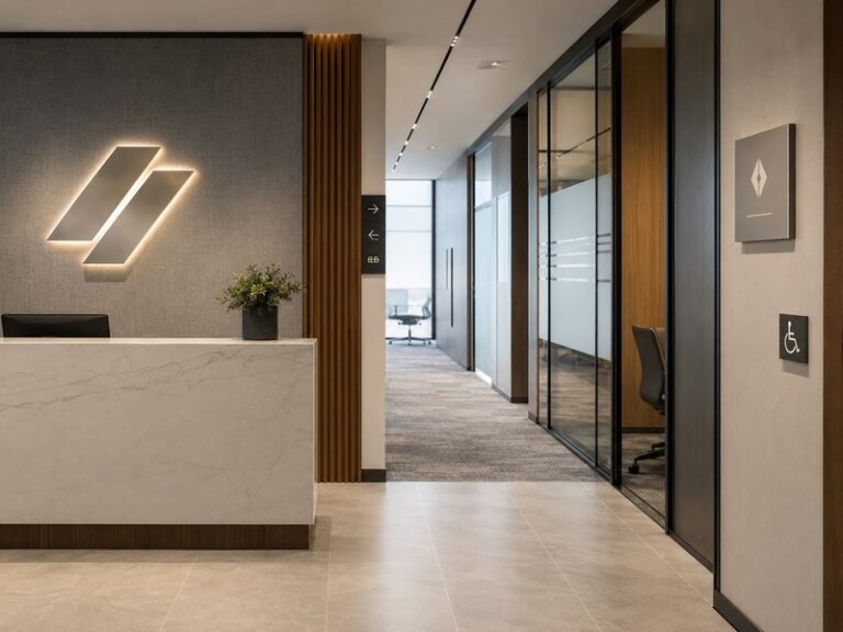 Modern corporate office with custom reception logo, wayfinding, room and glass signage