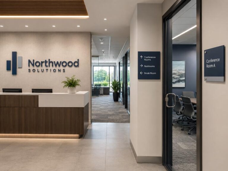 Custom reception, door, and directional signs installed as a coordinated office signage system