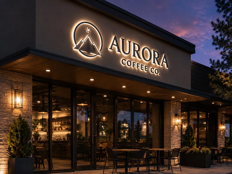 Weather-resistant acrylic LED logo sign installed on a sheltered commercial storefront