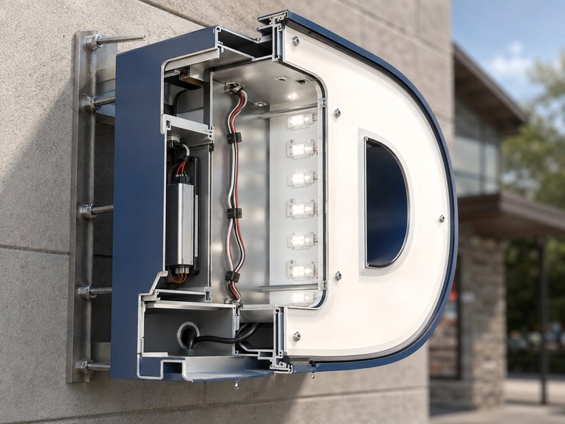 Cutaway outdoor illuminated sign showing coated aluminum, acrylic face, LEDs, drainage, seals, service panels, and reinforced frame
