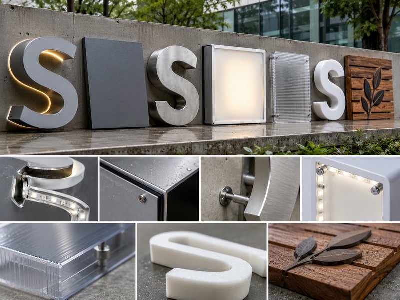 Comparison of aluminum channel letters, ACM panels, stainless steel letters, acrylic, polycarbonate, PVC, and timber-style signs
