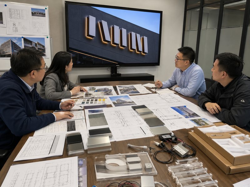Commercial sign project team reviewing outdoor signage materials, CAD drawings, mounting details, wiring plans, and channel letter rendering.