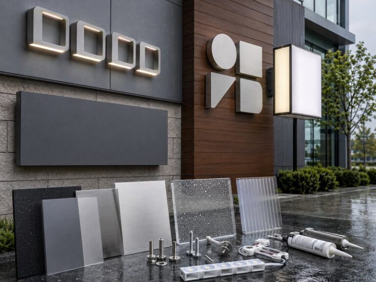 Outdoor commercial signs displaying aluminum, ACM, stainless steel, acrylic, and polycarbonate material trends for 2026