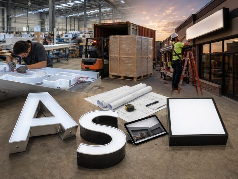 Overseas and domestic sign manufacturing comparison with channel letters, factory production, shipping, and local installation.