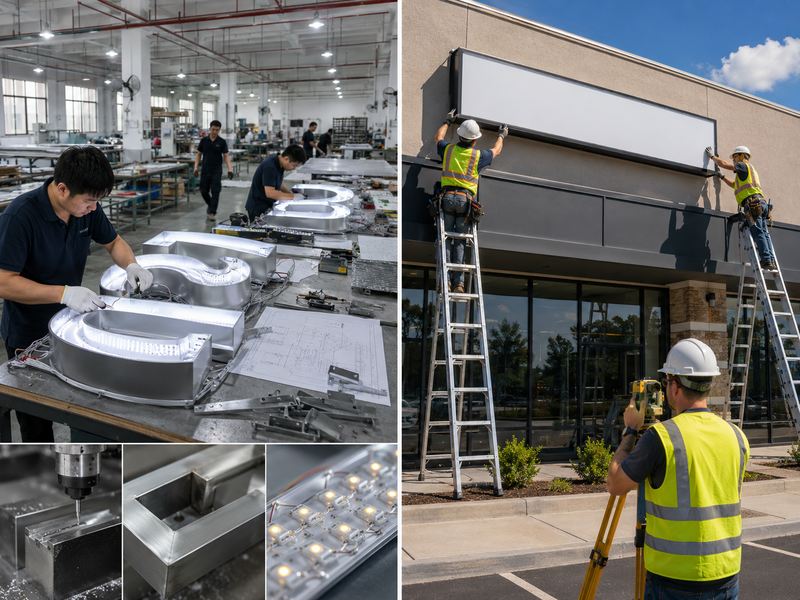 Overseas custom sign factory compared with a domestic storefront surveying and installation team.