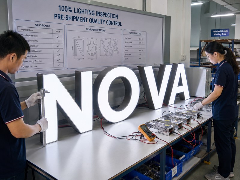 Quality control inspection and lighting test for custom channel letters before overseas shipment