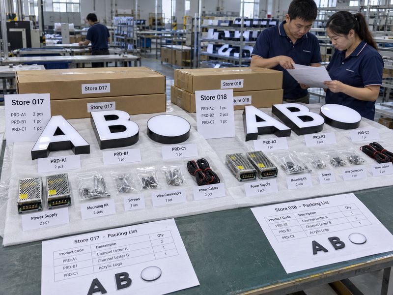 Multi-store sign packaging specification with store codes, product versions and accessory allocation