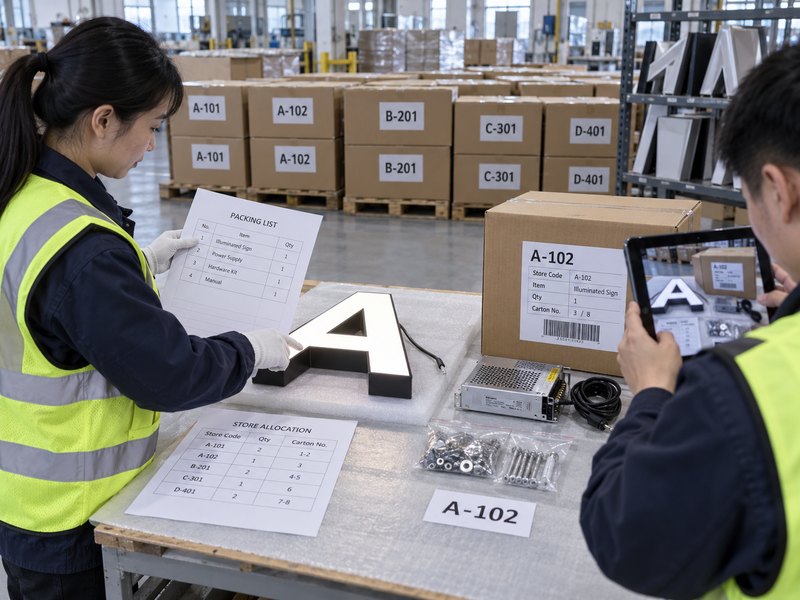 Packing accuracy inspection for multi-store signage with carton labels, packing lists and accessory checks