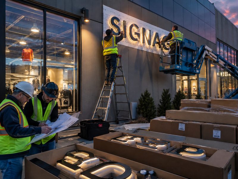 Pilot store channel letter installation with mounting template, engineering checks and lighting test