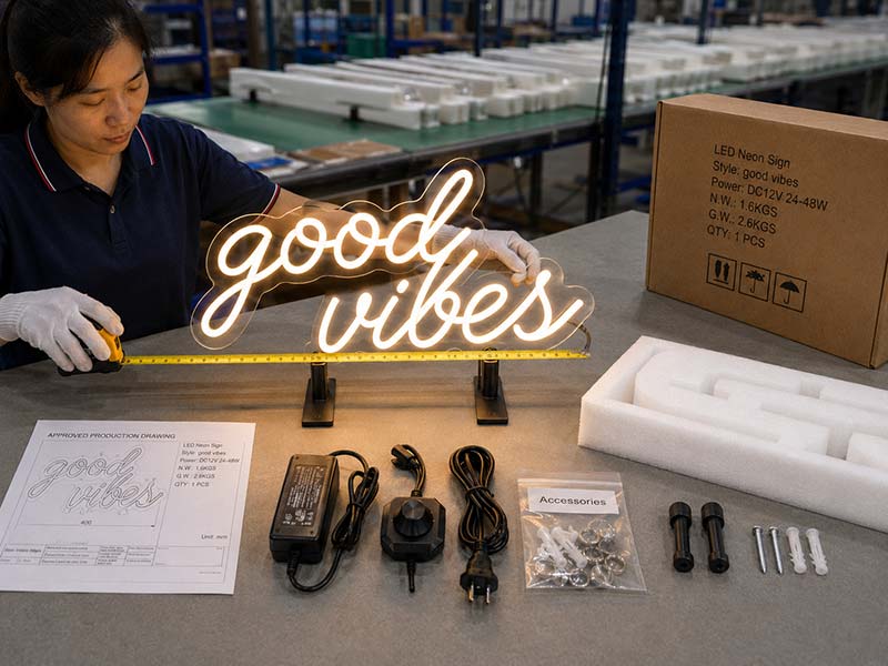 Portable LED sign checked with production drawing, plug, accessories, lighting test, and export packaging before shipment