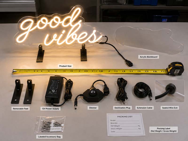 Portable LED sign with power supply, dimmer, removable feet, cable, mounting accessories, and size measurement