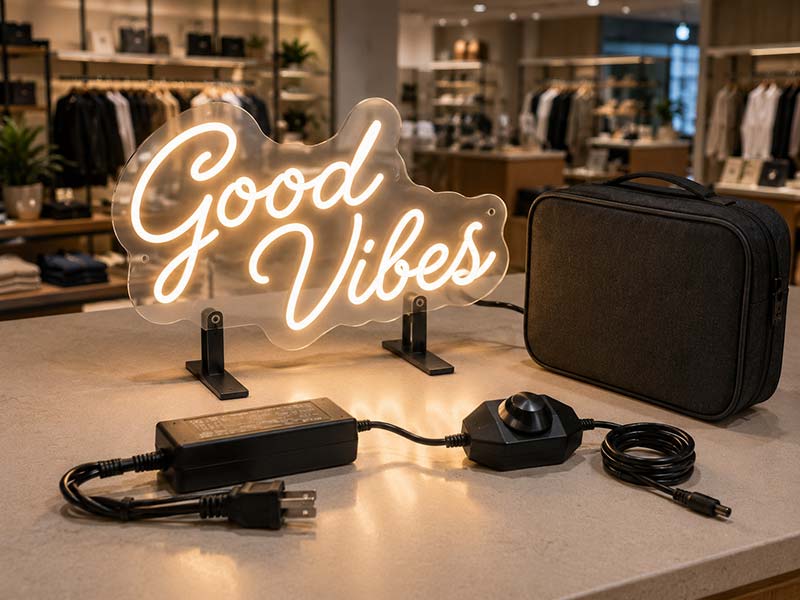 Portable LED neon sign with removable stand, power adapter, dimmer, and protective carrying case