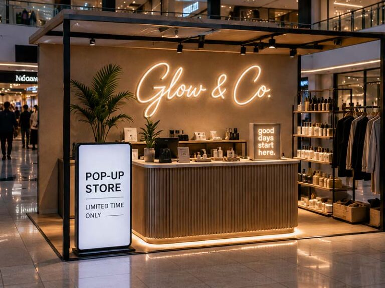 Portable LED signs used in a modern pop-up store with a neon logo, light box, and countertop display