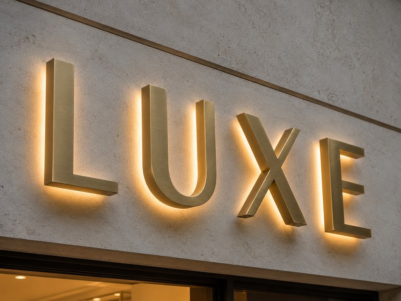 Premium luxury store signage with refined metal finishes and even halo lighting