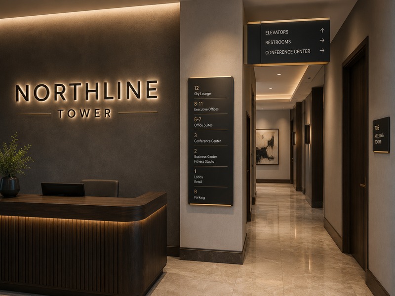 Primary and secondary commercial signs designed to work together in one interior