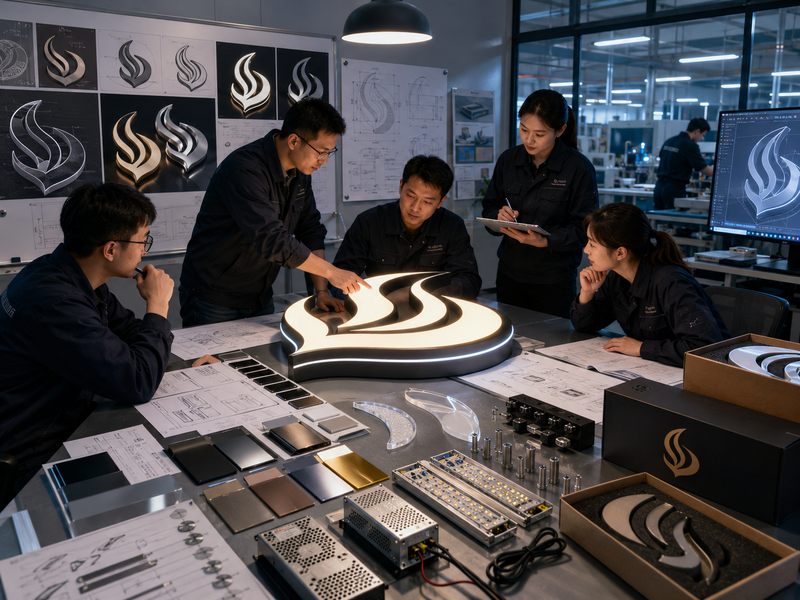 Private-label illuminated sign prototype developed with controlled materials, engineering drawings, and custom packaging