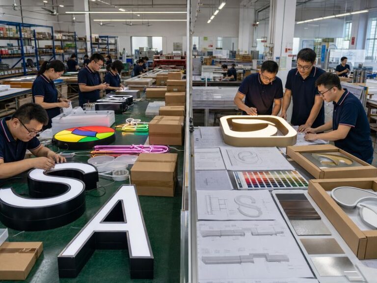 Private-label and white-label sign manufacturing workflows inside a professional custom sign factory