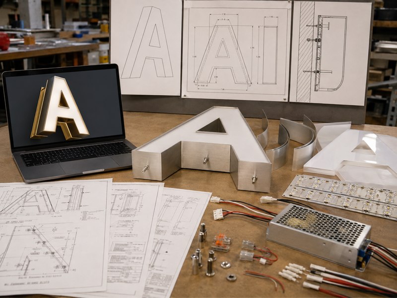 AI sign rendering converted into production-ready channel letters with drawings, LED layout, materials, and mounting parts