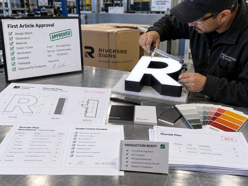 Production-ready sign specification with approved drawing, first article, materials and QC checklist