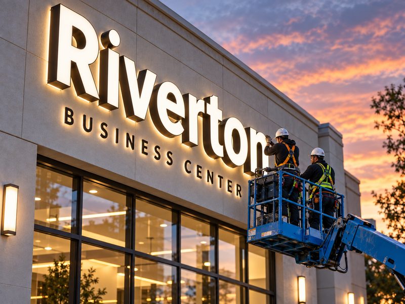 Professional installers mounting channel letters on a commercial building