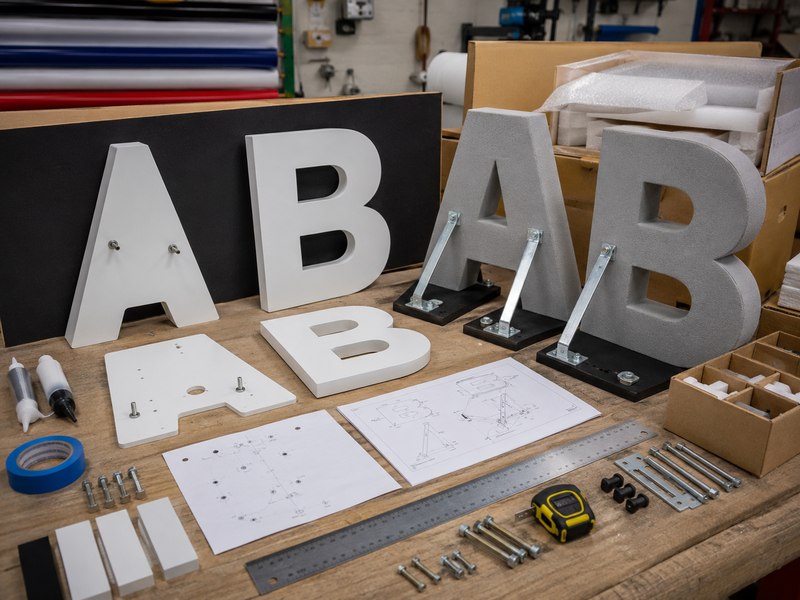 PVC and foam letter installation methods with mounting hardware bases and packaging