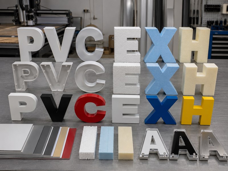 PVC, EPS, XPS and high-density foam letter materials compared in a sign workshop