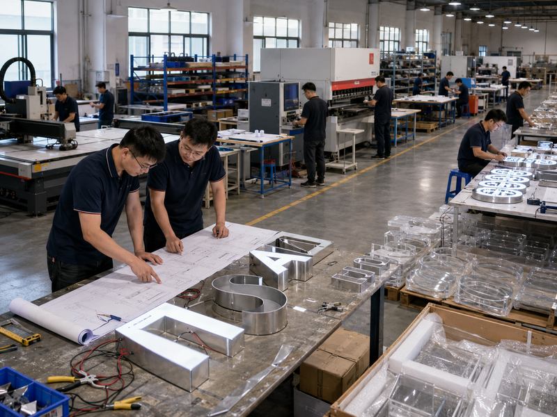 Qualified custom sign manufacturer with metal fabrication, acrylic processing, LED assembly, quality inspection, and packaging areas