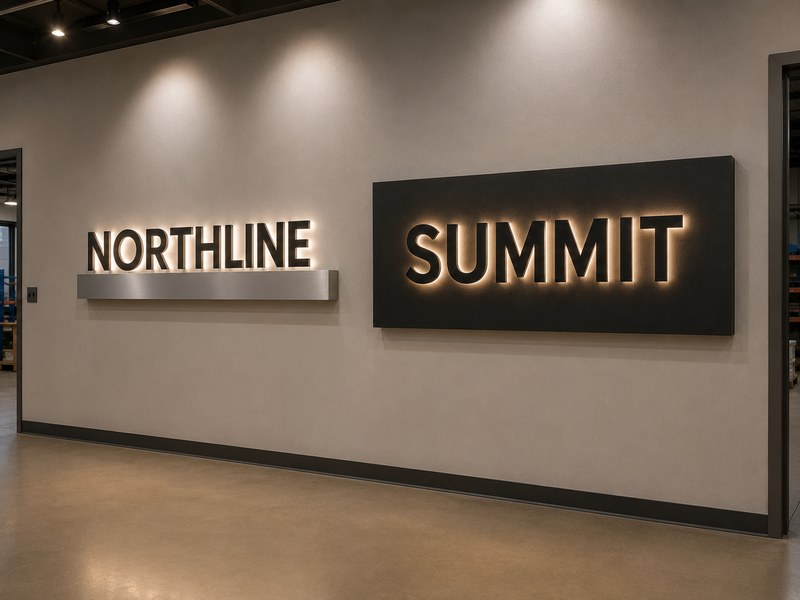 Physical raceway and backboard channel letter samples displayed in a sign factory