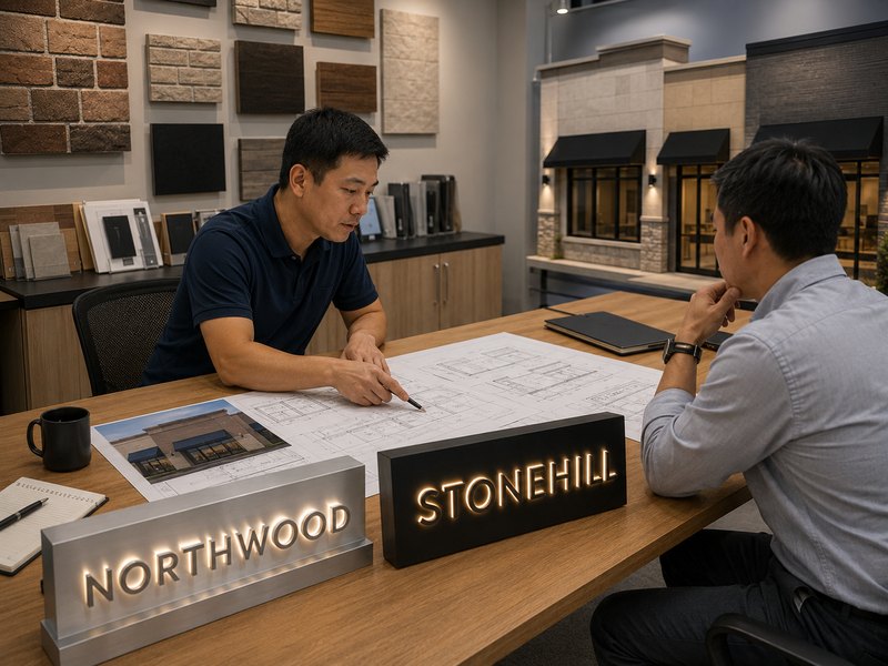 Engineer comparing raceway and backboard sign samples for a storefront project