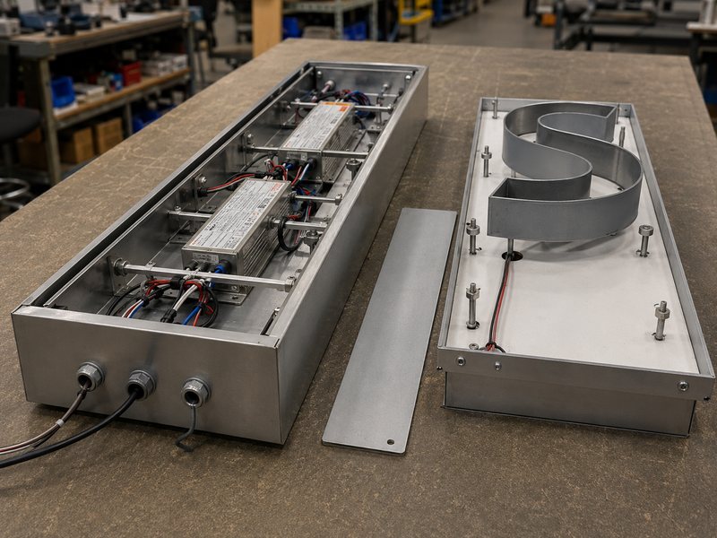Open raceway and dimensional backboard showing wiring reinforcement and power supplies