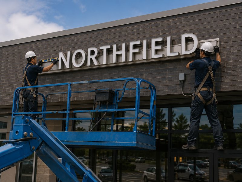 Installers mounting preassembled raceway channel letters on a commercial storefront