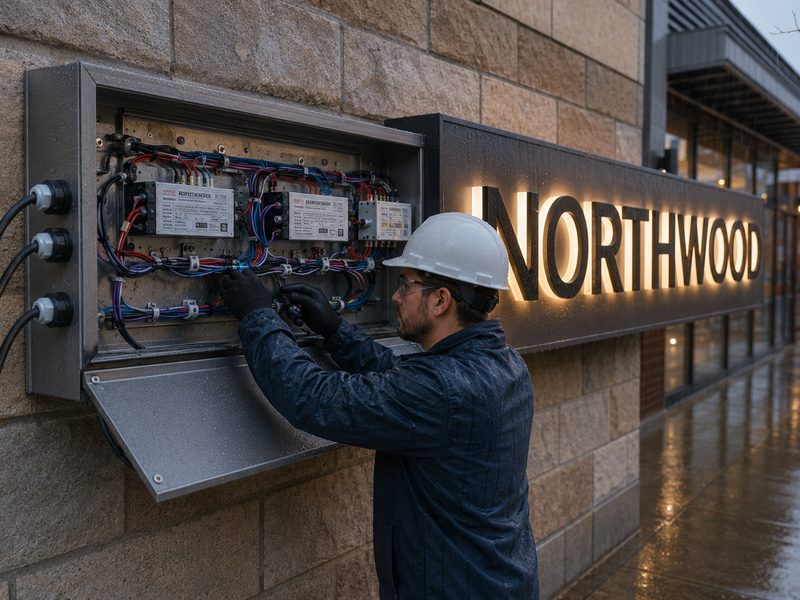 Technician servicing labeled power supplies inside a weather-resistant sign raceway