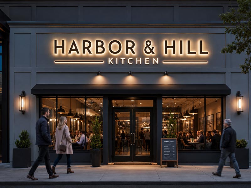 Readable restaurant storefront LED sign above a clean entrance
