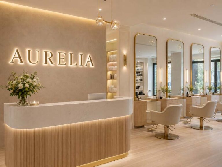 Reception and mirror wall signs in a modern beauty salon