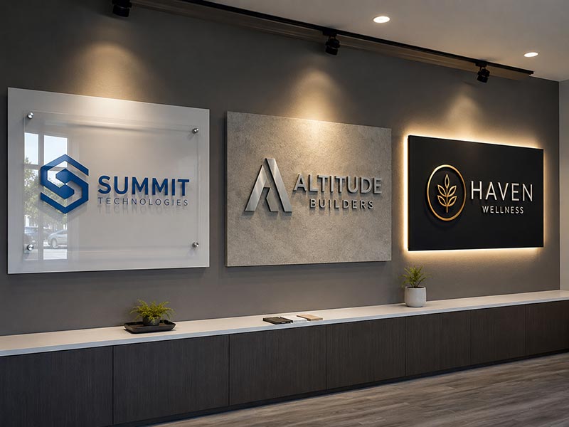 Acrylic metal and backlit logo sign options for office reception areas