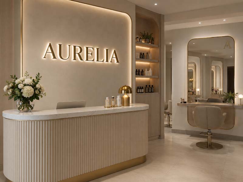 Reception sign and mirror wall sign used in the same salon