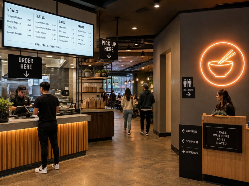Restaurant interior signage with menu board, pickup signs and illuminated logo wall