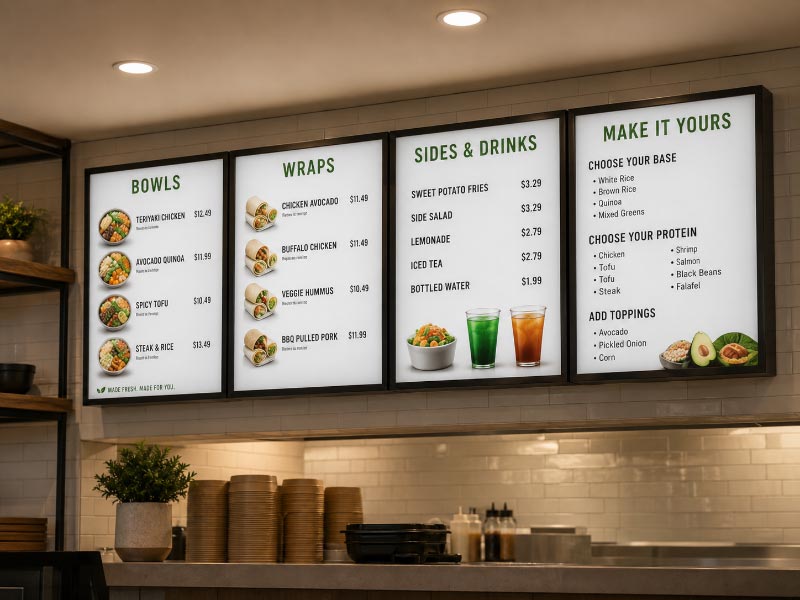 Illuminated restaurant menu light boxes with clear categories and even lighting