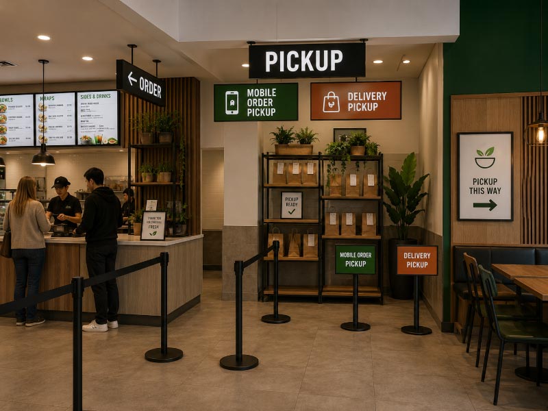 Restaurant pickup signs separating mobile orders, delivery drivers, and dine-in collection