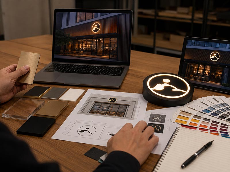 Restaurant LED sign design proof with logo mockup and material samples
