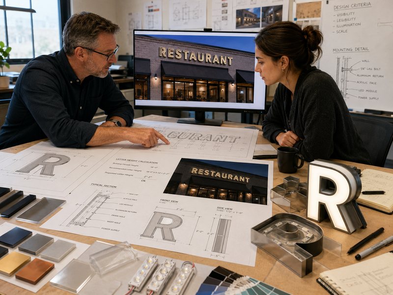 Restaurant channel letter design review with materials, LED modules and technical drawings