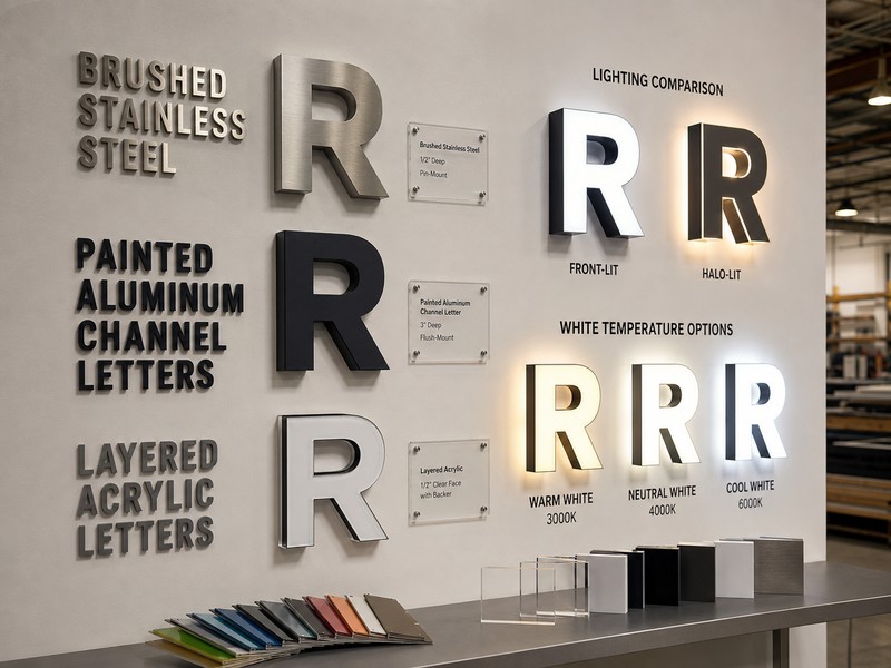 Restaurant sign samples comparing metal, acrylic, front-lit and halo-lit illumination